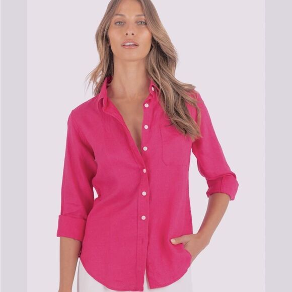 CAMIXA Linen-Cotton Blend Button-Up Shirt | XS | Hot Pink - Picture 6 of 14
